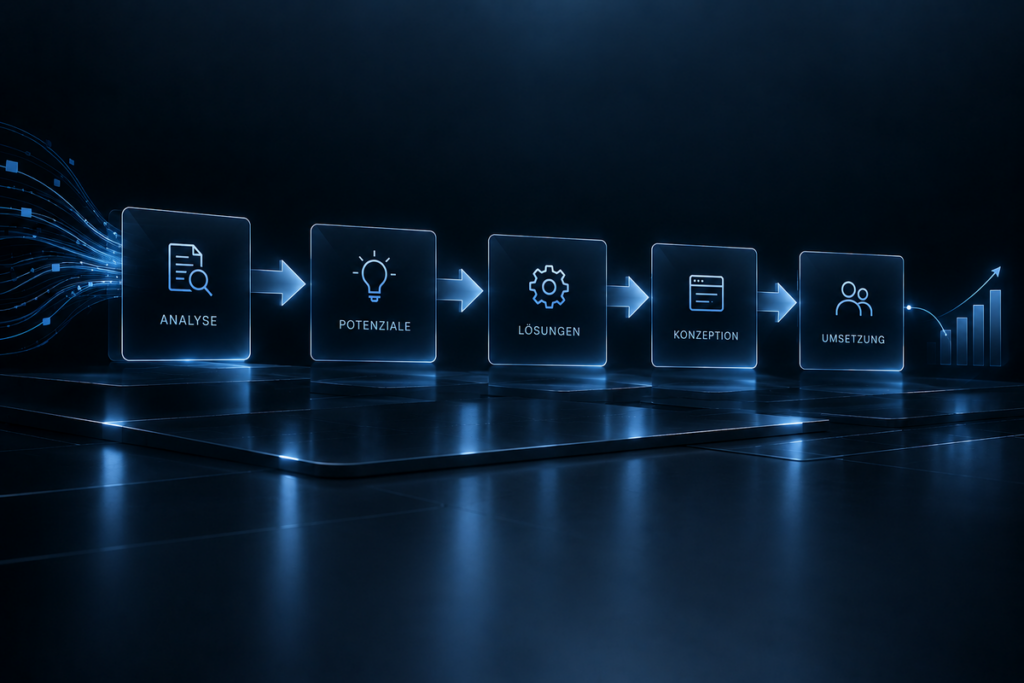 Illustration: Digitalisierung von der Analyse über Potenziale, Lösungen und Konzeption bis zur Umsetzung