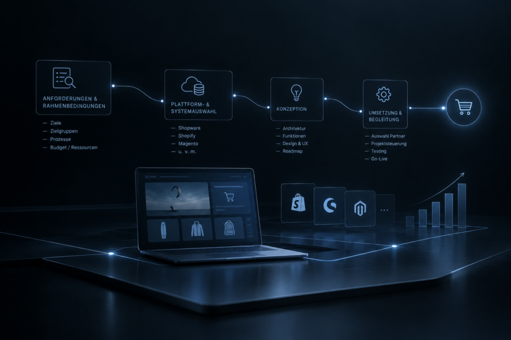 Illustration: Ablauf eines eCommerce-Projekts von den Anforderungen bis zum Go-Live